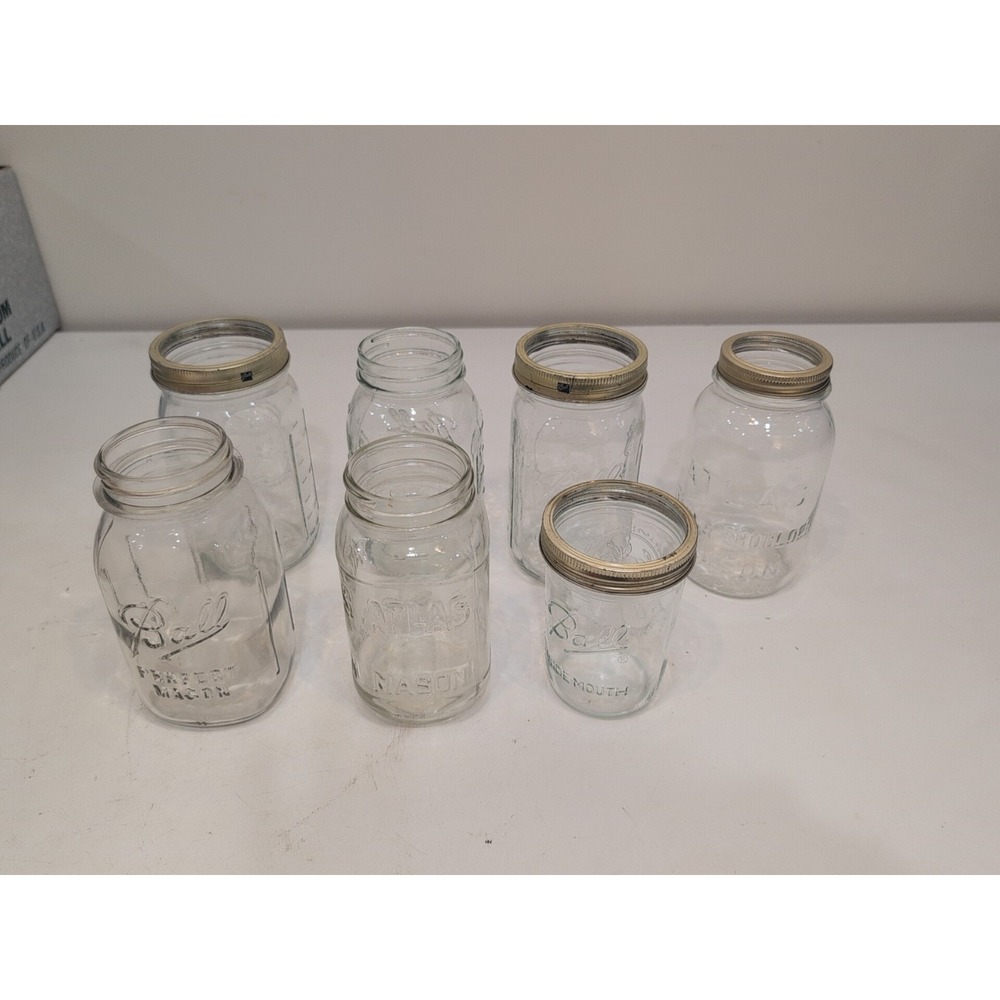 Lot/7 Vtg Clear Mixed Mason Jars Wide Mouth 24 / 12 Oz Fruit Ball Atlas